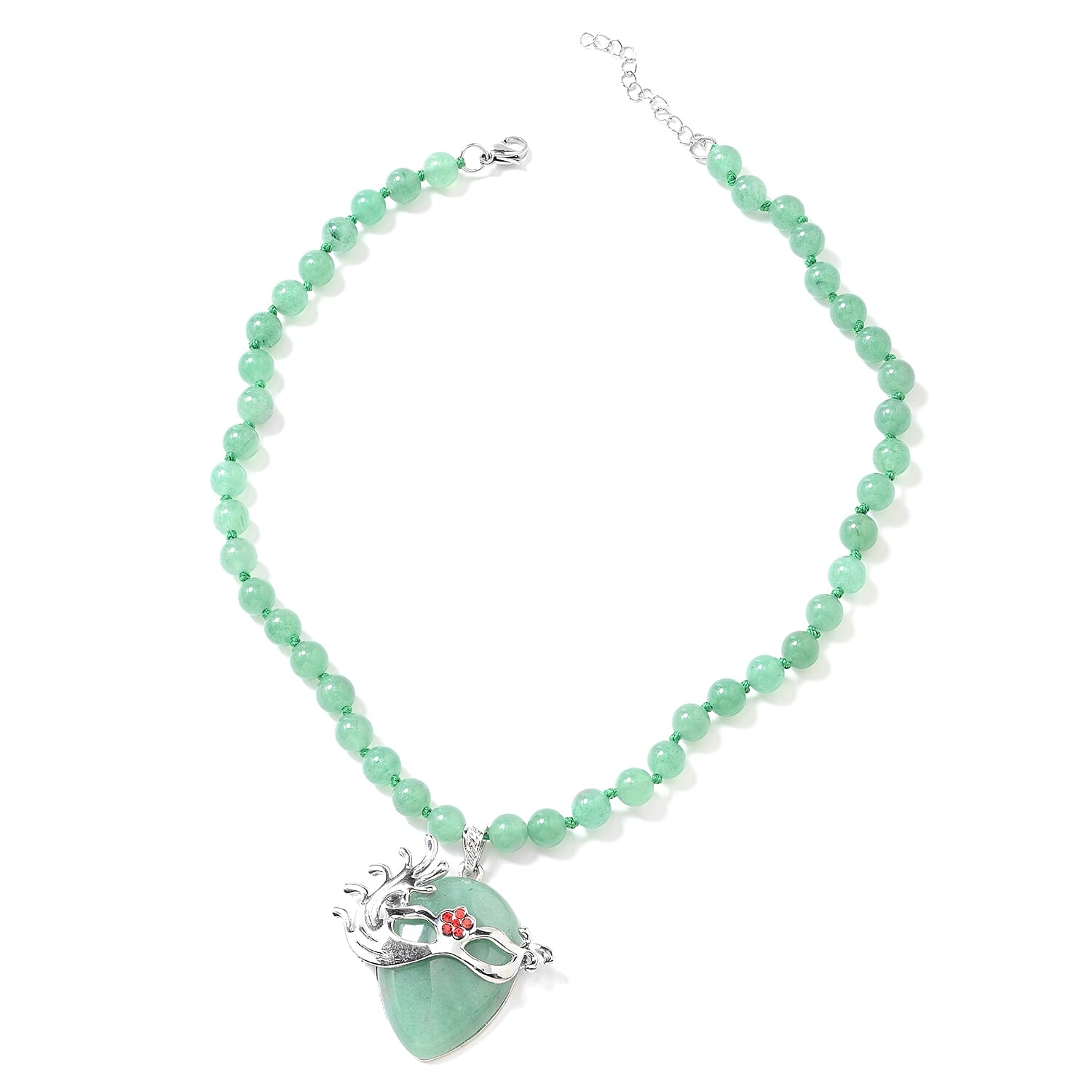 Green Aventurine (Pear and Rnd), Red Austrian Crystal Venetian Mask Beads Necklace (Size 18 with 2 inch Extender) in Stainless Steel 253.60 Ct.