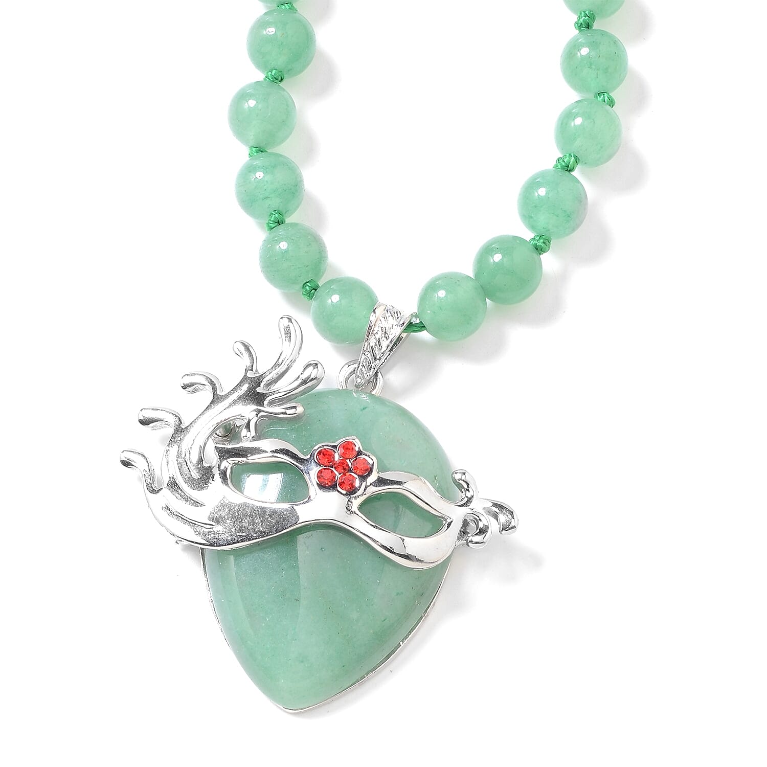 Green Aventurine (Pear and Rnd), Red Austrian Crystal Venetian Mask Beads Necklace (Size 18 with 2 inch Extender) in Stainless Steel 253.60 Ct.