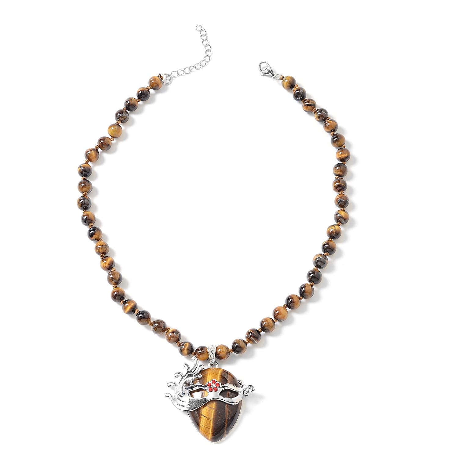 Tigers Eye (Pear and Rnd), Red Austrian Crystal Venetian Mask Beads Necklace (Size 18 with 2 inch Extender) in Stainless Steel 253.60 Ct.