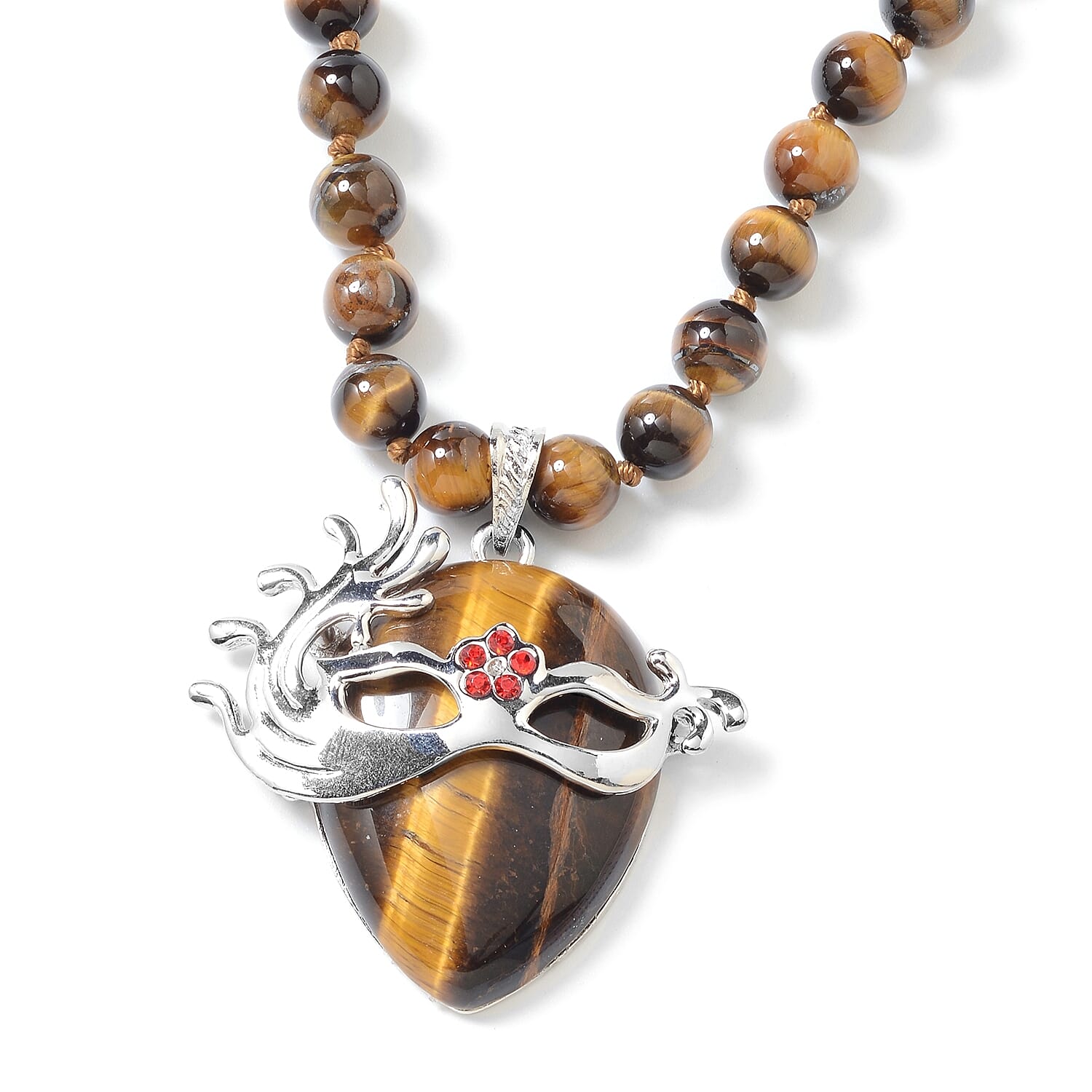 Tigers Eye (Pear and Rnd), Red Austrian Crystal Venetian Mask Beads Necklace (Size 18 with 2 inch Extender) in Stainless Steel 253.60 Ct.
