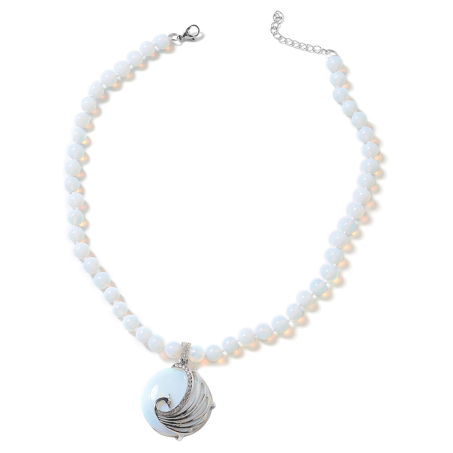 Opalite (Rnd), White Austrian Crystal Peacock Beads Necklace (Size 18 with 1.5 inch Extender) in Stainless Steel 225.51 Ct.