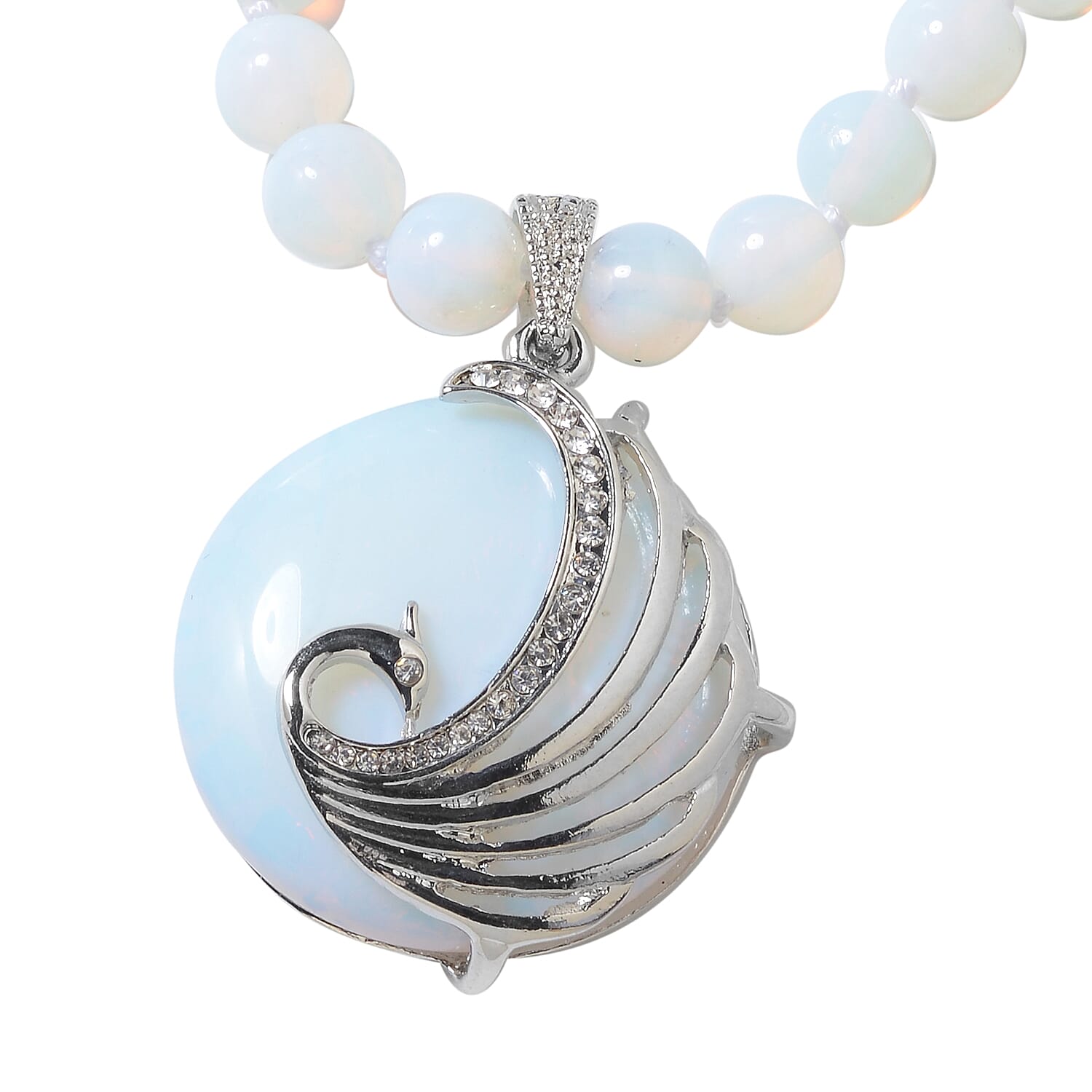 Opalite (Rnd), White Austrian Crystal Peacock Beads Necklace (Size 18 with 1.5 inch Extender) in Stainless Steel 225.51 Ct.
