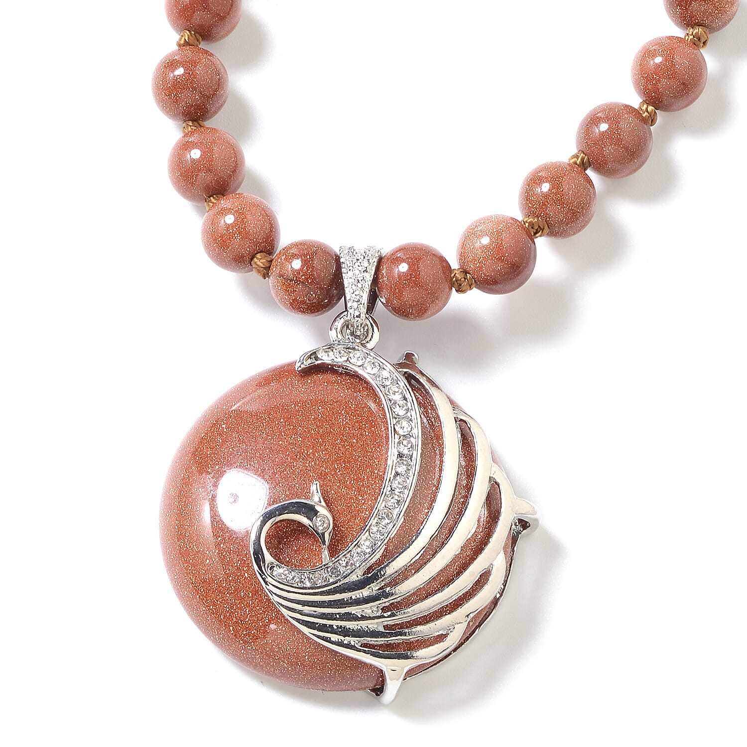 Gold Sandstone (Rnd), White Austrian Crystal Peacock Beads Necklace (Size 18 with 1.5 inch Extender) in Stainless Steel 241.51 Ct.