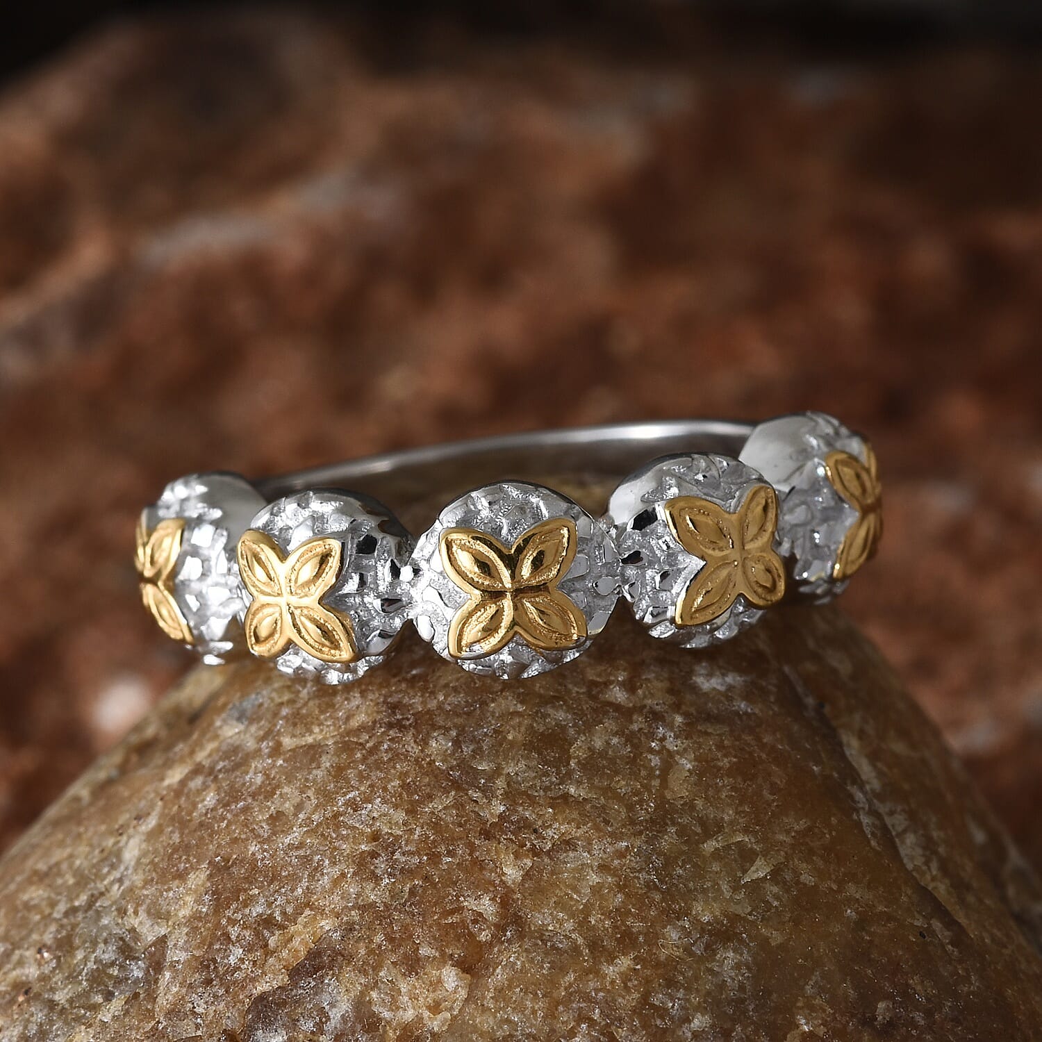Platinum and Yellow Gold Overlay Sterling Silver Sand Dollar Floral Ring