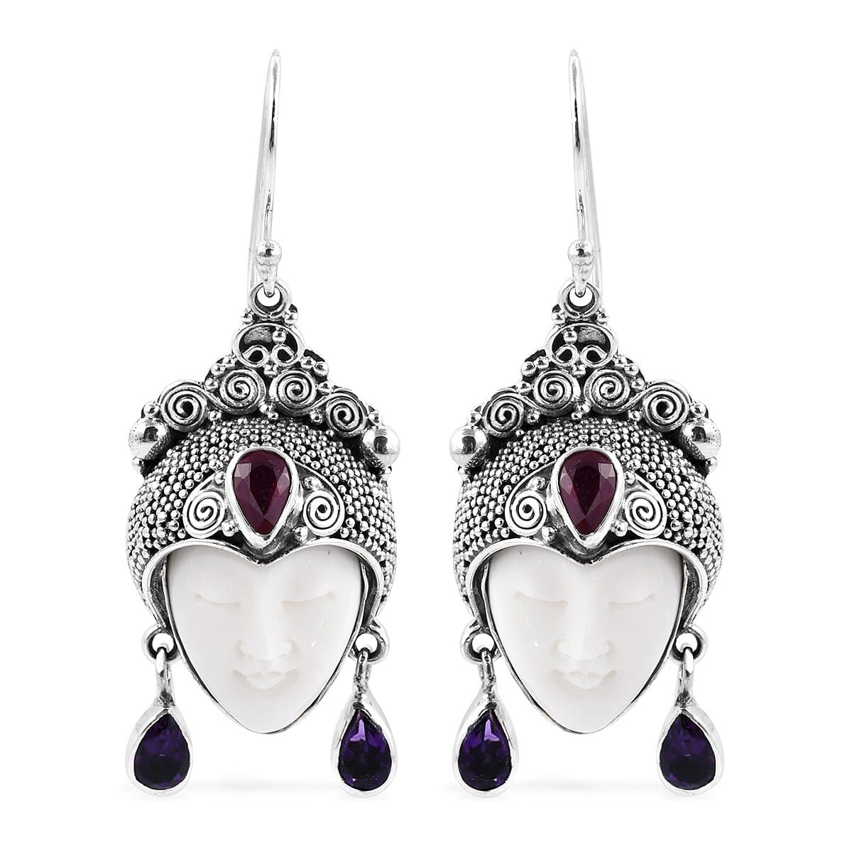 Princess Bali Collection OX Bone Carved Face, Amethyst and African Ruby Dewi Lakshmi Hook Earrings ( in Sterling Silver 2.591 Ct.