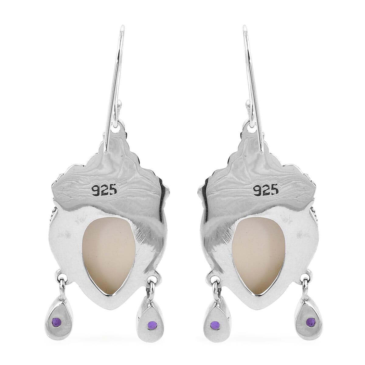Princess Bali Collection OX Bone Carved Face, Amethyst and African Ruby Dewi Lakshmi Hook Earrings ( in Sterling Silver 2.591 Ct.