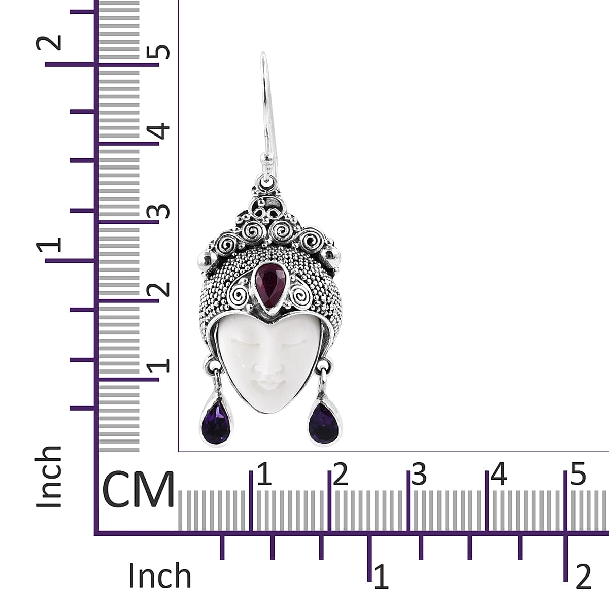 Princess Bali Collection OX Bone Carved Face, Amethyst and African Ruby Dewi Lakshmi Hook Earrings ( in Sterling Silver 2.591 Ct.