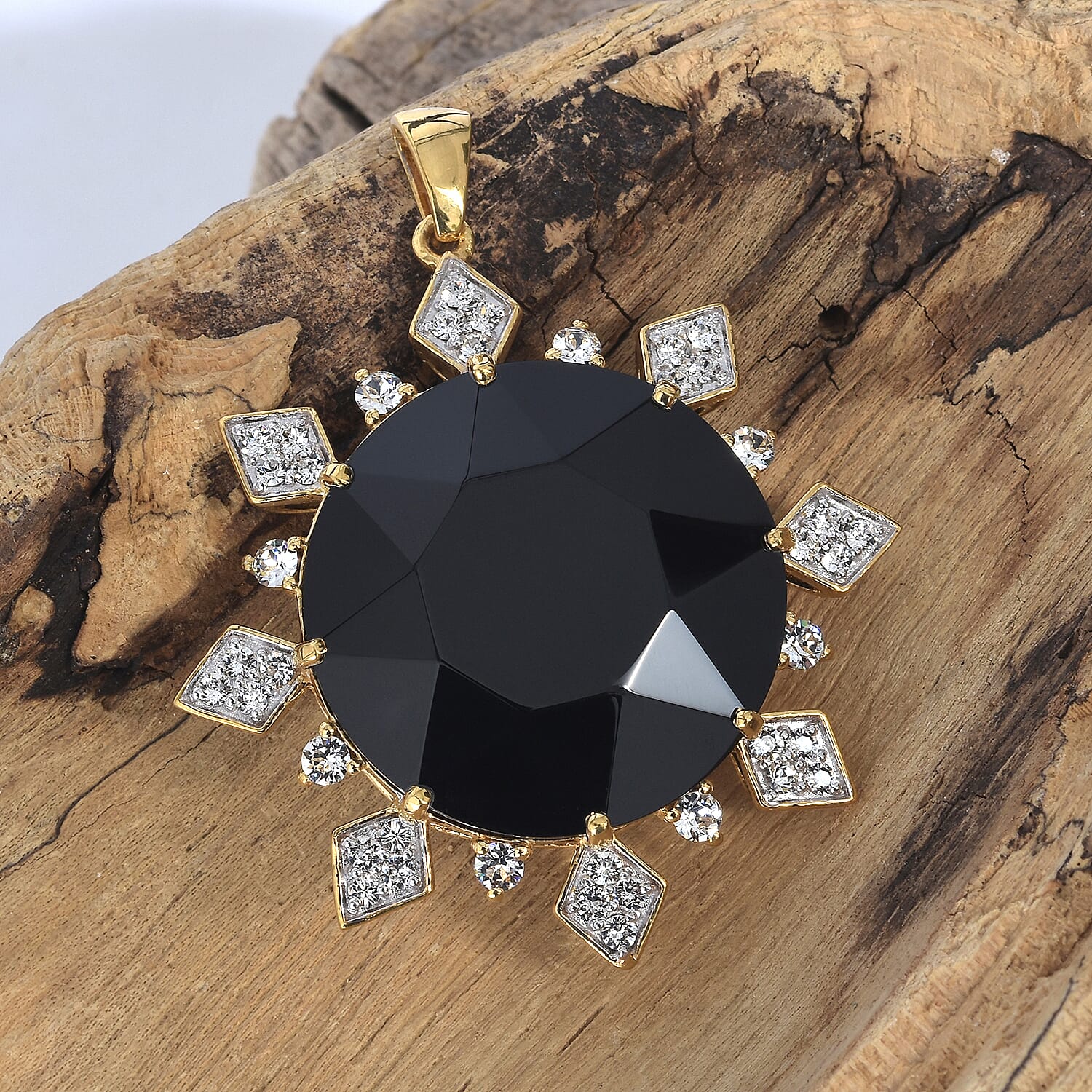 Jet Crystal (Rnd), White Colour Crystal Sunburst Pendant in 14K Gold Overlay Sterling Silver, Silver wt 15.16 Gms.