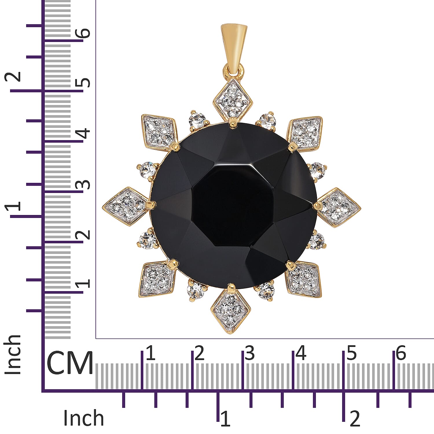Jet Crystal (Rnd), White Colour Crystal Sunburst Pendant in 14K Gold Overlay Sterling Silver, Silver wt 15.16 Gms.