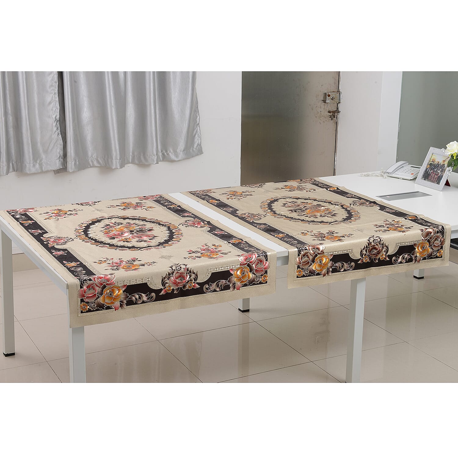 Set of 2 -  Multi Colour Embossed Print Water Proof - Table Cloth (Size 150x90 Cm)