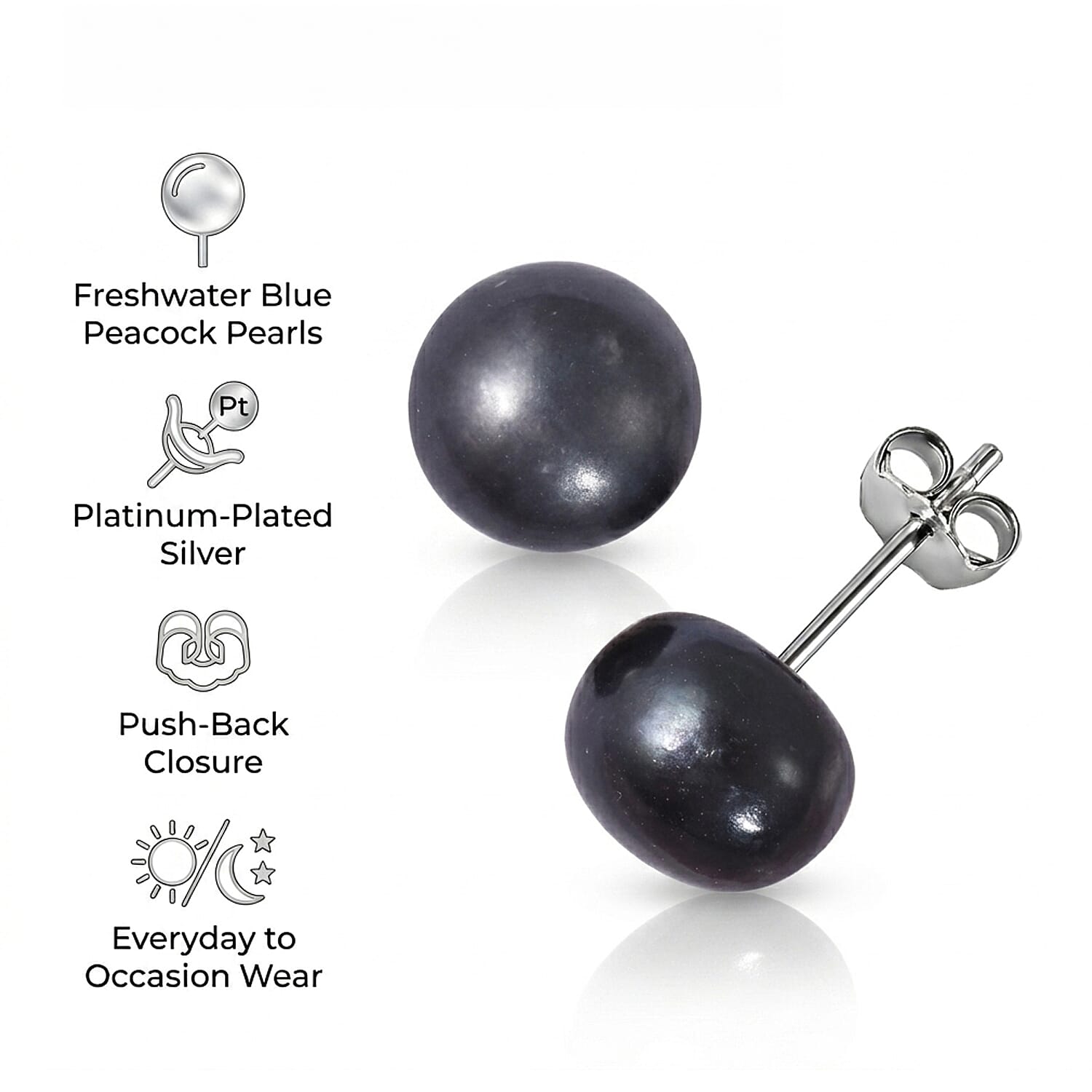 Fresh Water Peacock Pearl Stud Earrings with Push Back in Rhodium Overlay Sterling Silver 7.00 Ct.