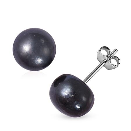 Freshwater Blue Peacock Pearl (8-10 mm) Earrings in Rhodium Plated Sterling Silver