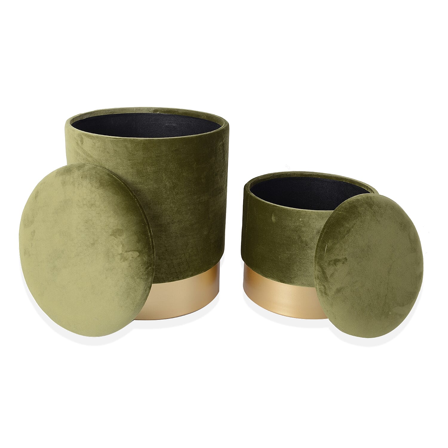Set of 2 - Wooden Stool with Storage Box (Size L 35x35x44 Cm), (Size S 30x30x33) - Olive Green