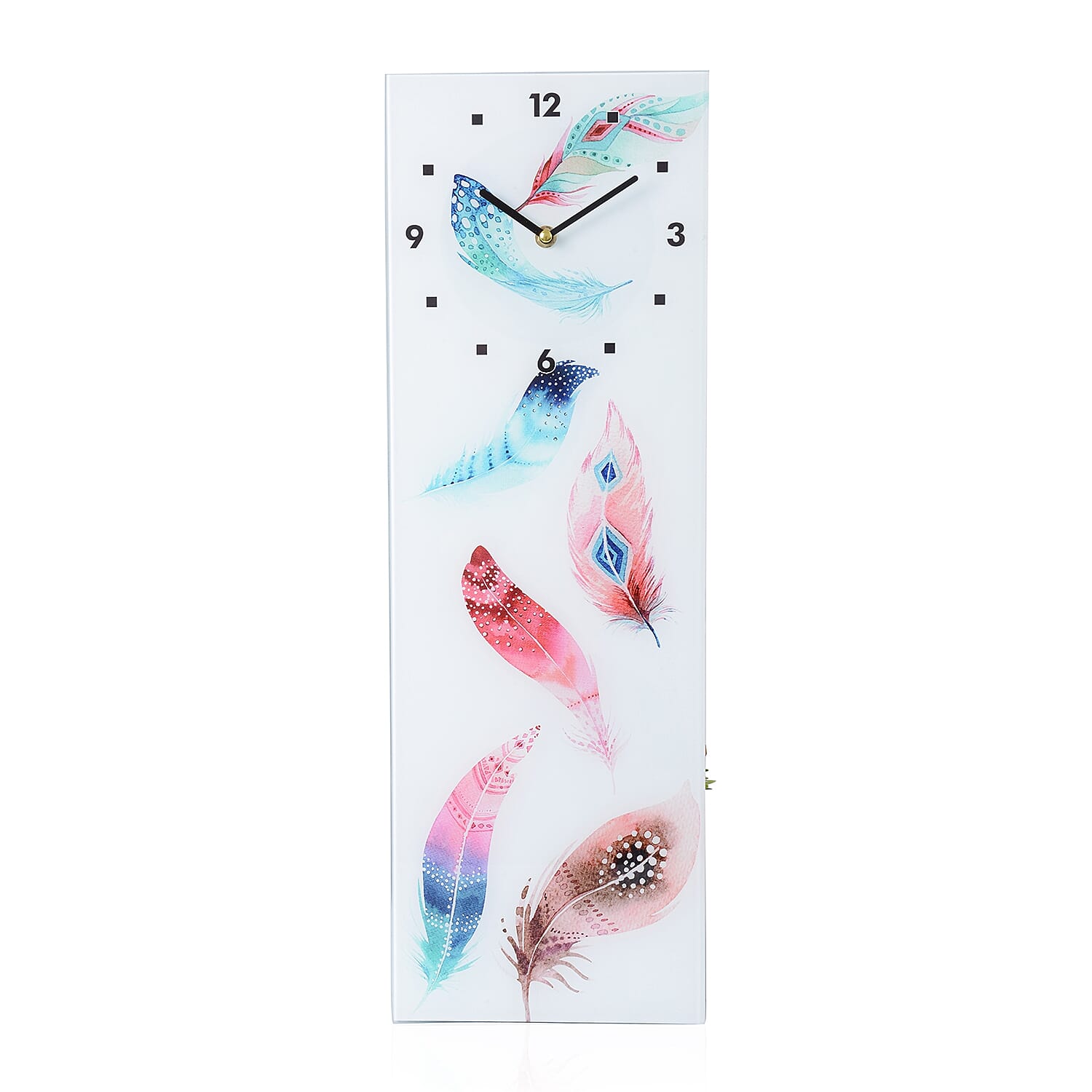 Wall Decor - Feather Pattern Rectangle Glass Wall Clock (Size 60x20x4 Cm)