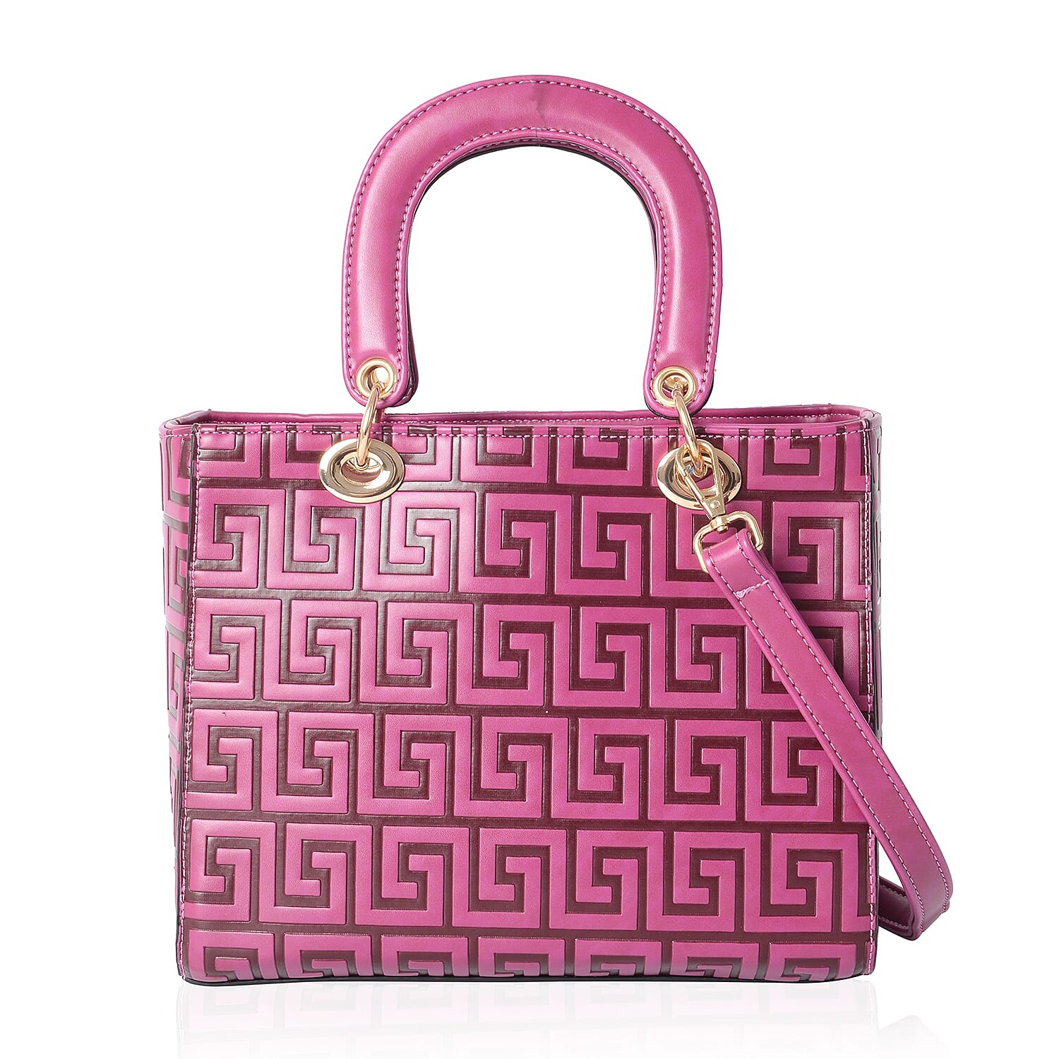 Purple Colour Embossed Greek Key Pattern Tote Bag with Removable Shoulder Strap (Size 25x20.5x12.5 Cm)