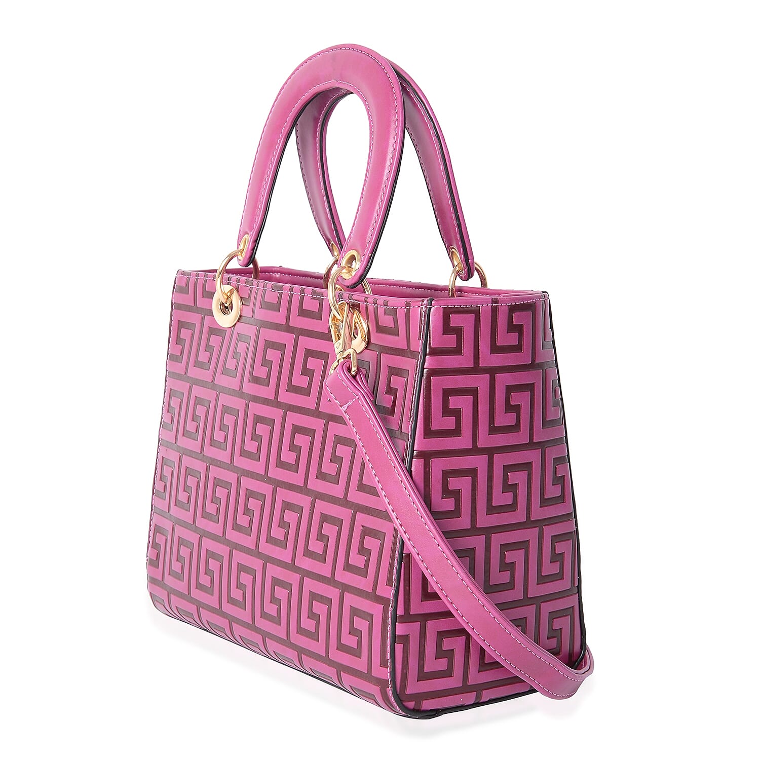 Purple Colour Embossed Greek Key Pattern Tote Bag with Removable Shoulder Strap (Size 25x20.5x12.5 Cm)