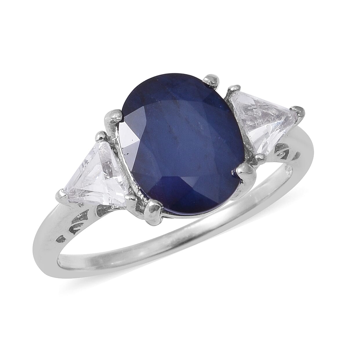 Kanchanaburi Blue Sapphire (Ovl), White Topaz Ring in Rhodium Overlay Sterling Silver 5.080 Ct.