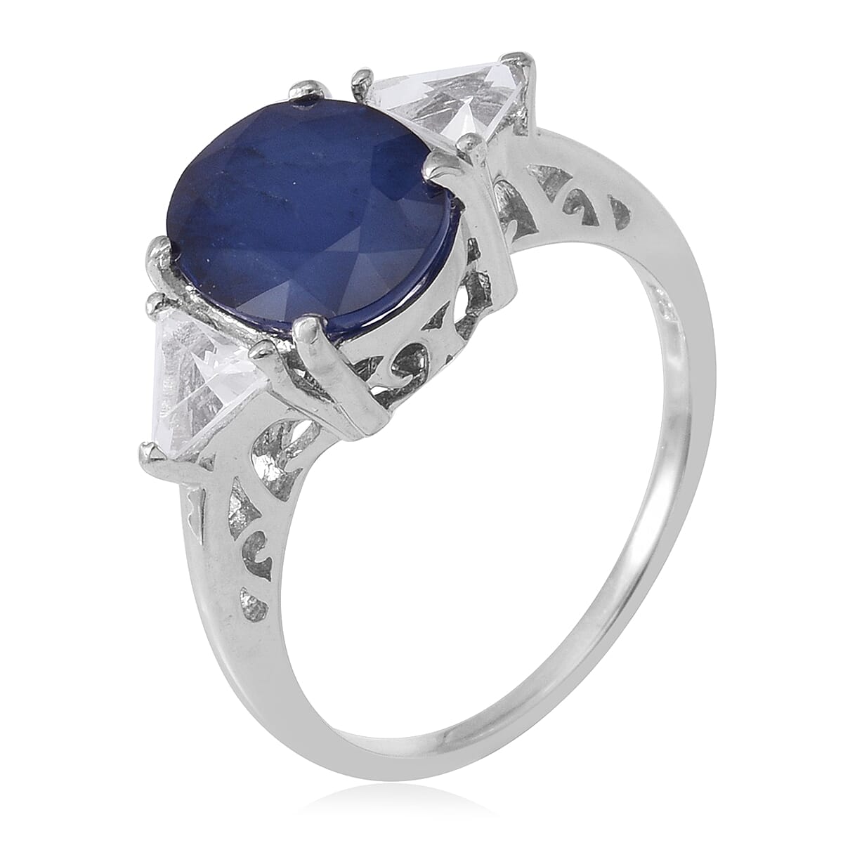 Kanchanaburi Blue Sapphire (Ovl), White Topaz Ring in Rhodium Overlay Sterling Silver 5.080 Ct.