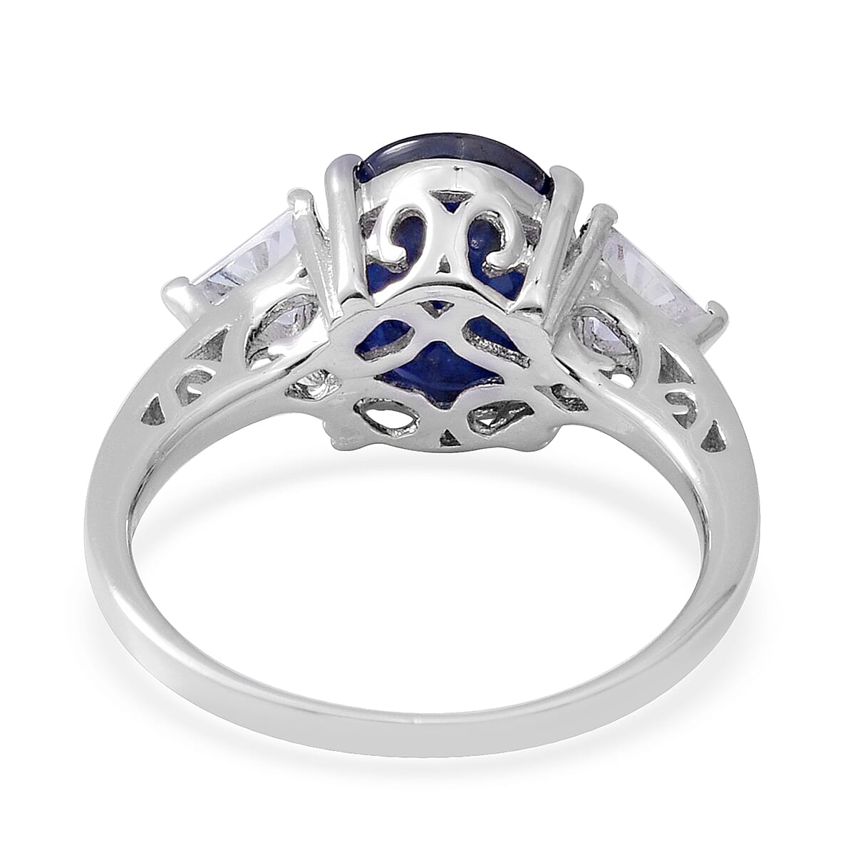 Kanchanaburi Blue Sapphire (Ovl), White Topaz Ring in Rhodium Overlay Sterling Silver 5.080 Ct.