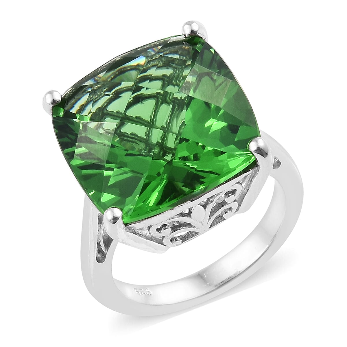 Helenite (Cush 16x16 mm) Ring in Platinum Overlay Sterling Silver 13.000 Ct.