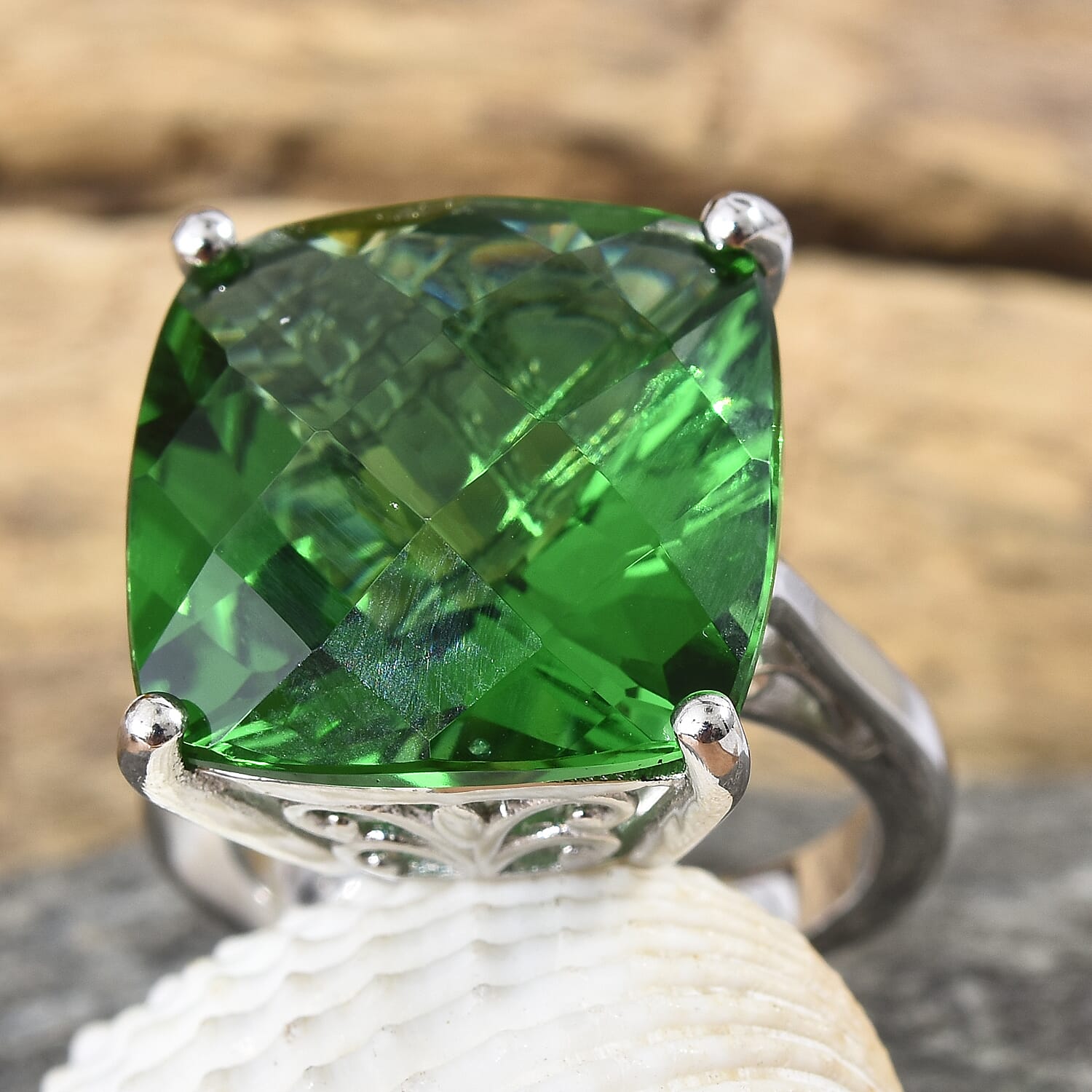 Helenite (Cush 16x16 mm) Ring in Platinum Overlay Sterling Silver 13.000 Ct.