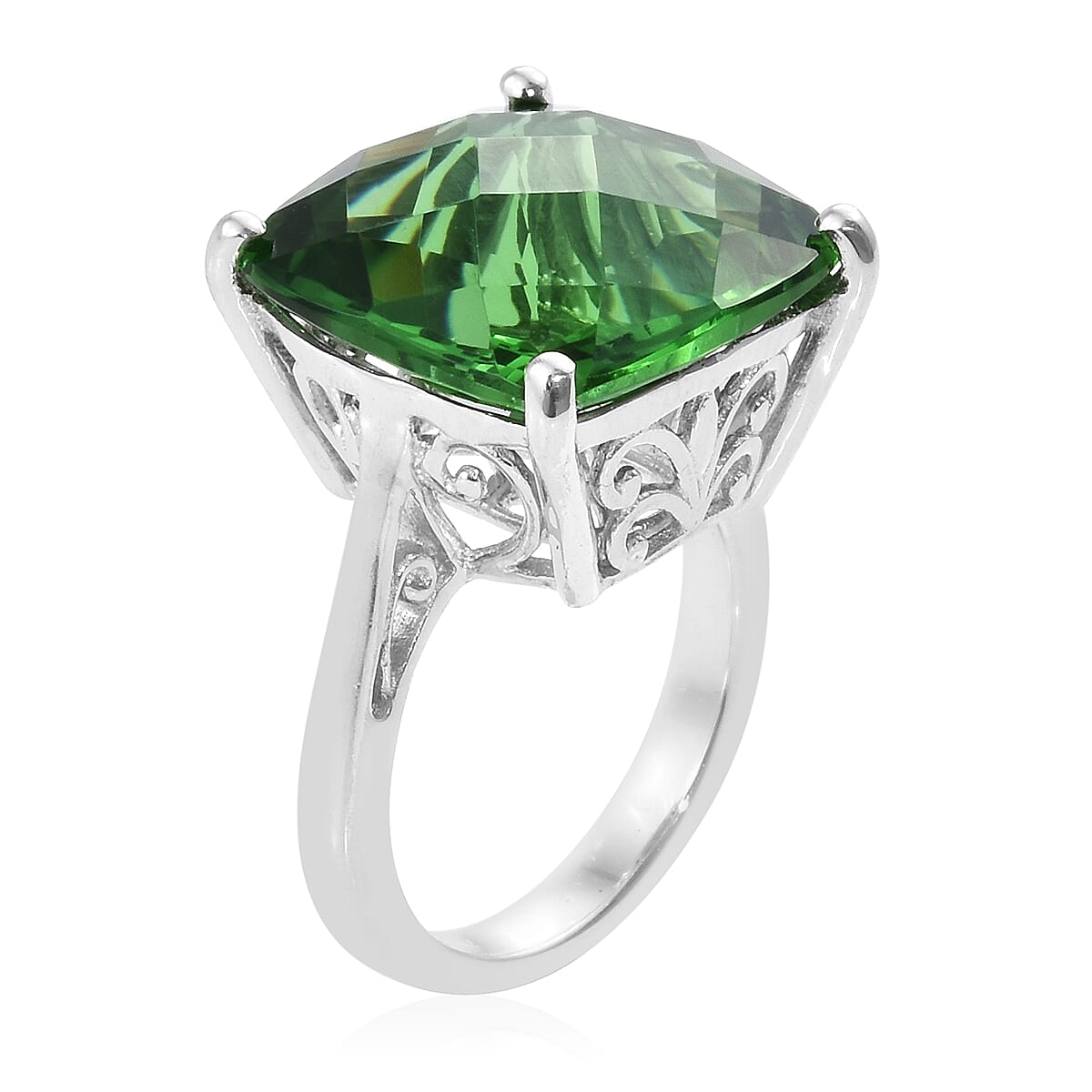Helenite (Cush 16x16 mm) Ring in Platinum Overlay Sterling Silver 13.000 Ct.
