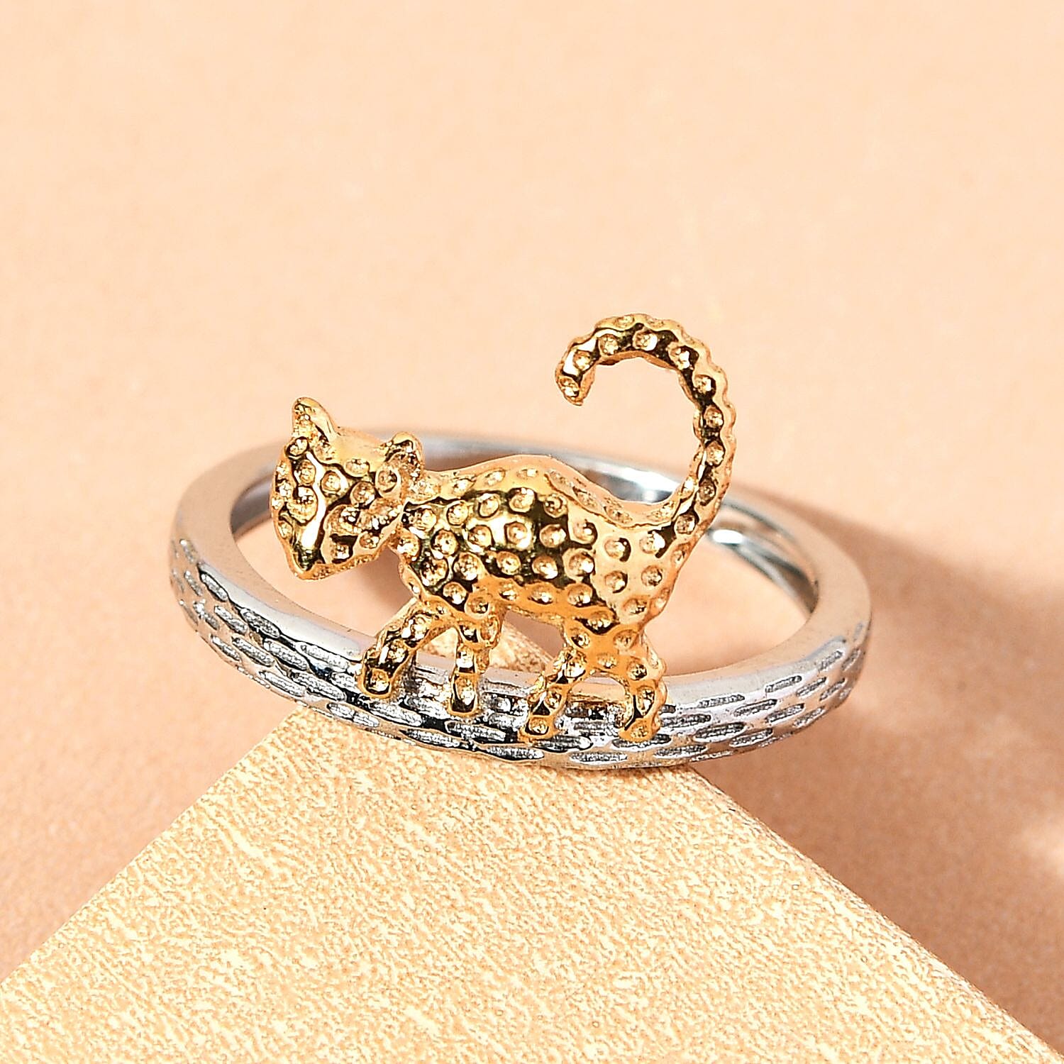 Platinum and 18K Vermeil Yellow Gold Plated Sterling Silver Cat Band Ring