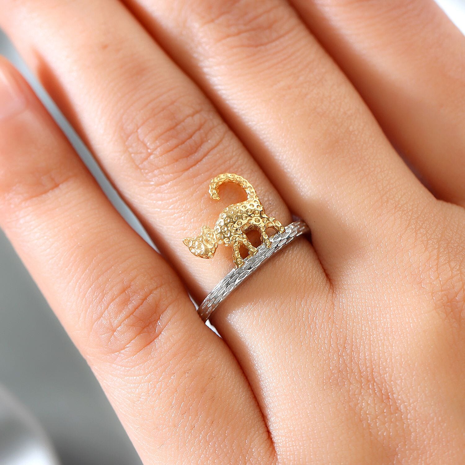 Platinum and 18K Vermeil Yellow Gold Plated Sterling Silver Cat Band Ring