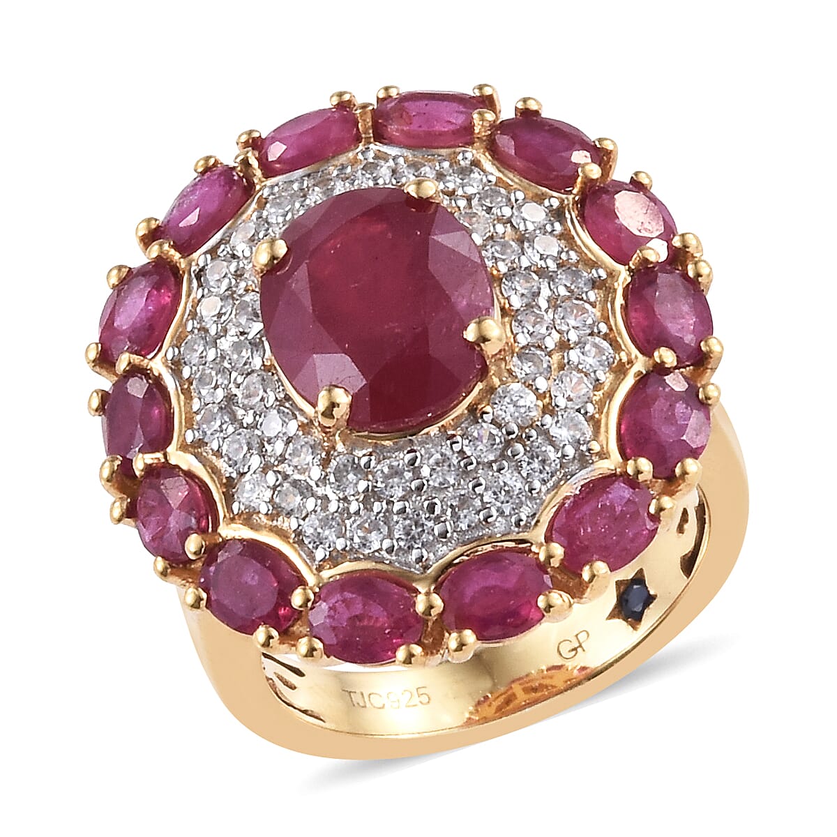 GP African Ruby (Ovl 6.78 Ct),Natural White Cambodian Zircon and Kanchanaburi Blue Sapphire Ring in 14K Gold Overlay Sterling Silver 8.000 Ct, Silver wt 5.80 Gms.