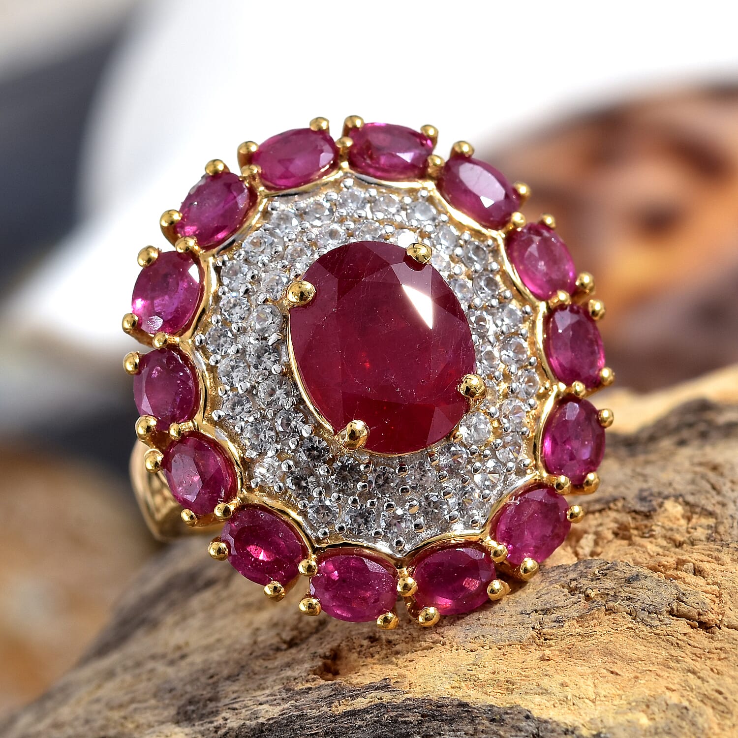 GP African Ruby (Ovl 6.78 Ct),Natural White Cambodian Zircon and Kanchanaburi Blue Sapphire Ring in 14K Gold Overlay Sterling Silver 8.000 Ct, Silver wt 5.80 Gms.