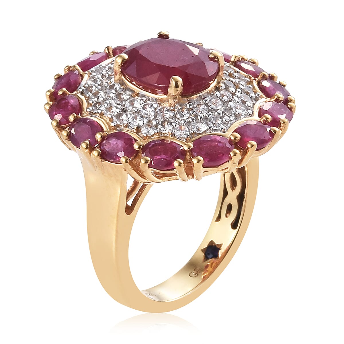 GP African Ruby (Ovl 6.78 Ct),Natural White Cambodian Zircon and Kanchanaburi Blue Sapphire Ring in 14K Gold Overlay Sterling Silver 8.000 Ct, Silver wt 5.80 Gms.