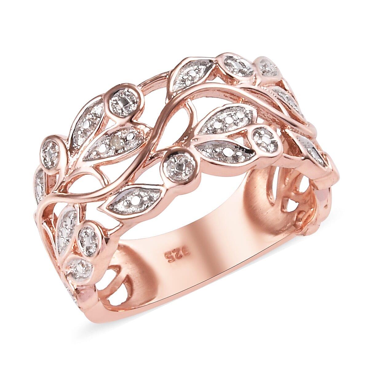 Designer Inspired- Diamond (Rnd) Leaves Ring in Rose Gold Overlay Sterling Silver, Silver wt 3.63 Gms.