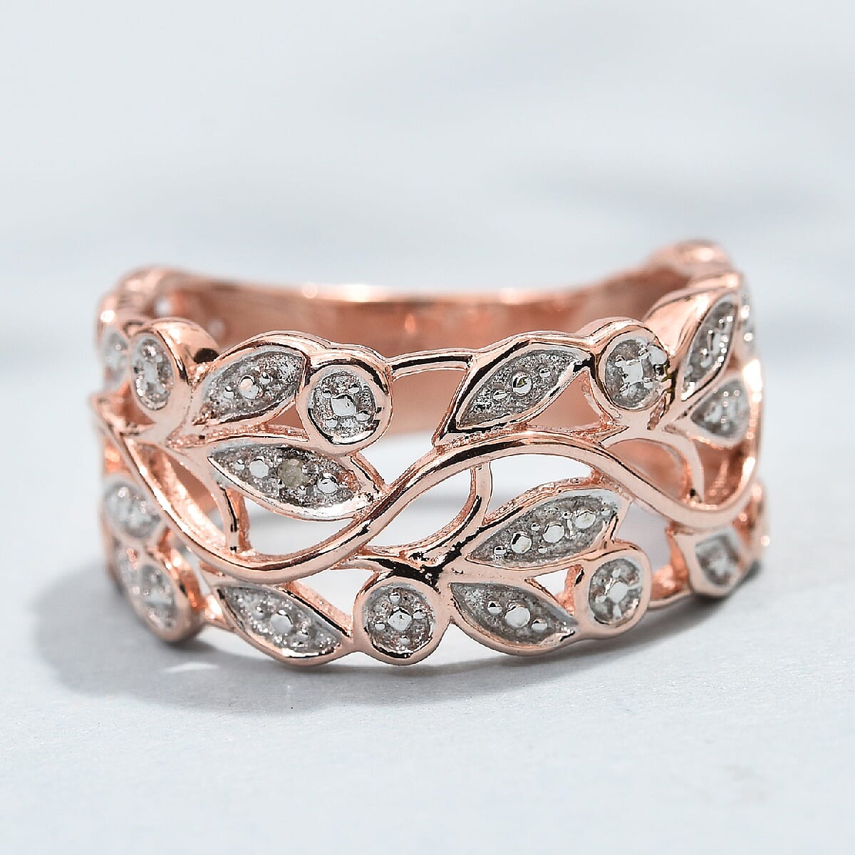 Designer Inspired- Diamond (Rnd) Leaves Ring in Rose Gold Overlay Sterling Silver, Silver wt 3.63 Gms.