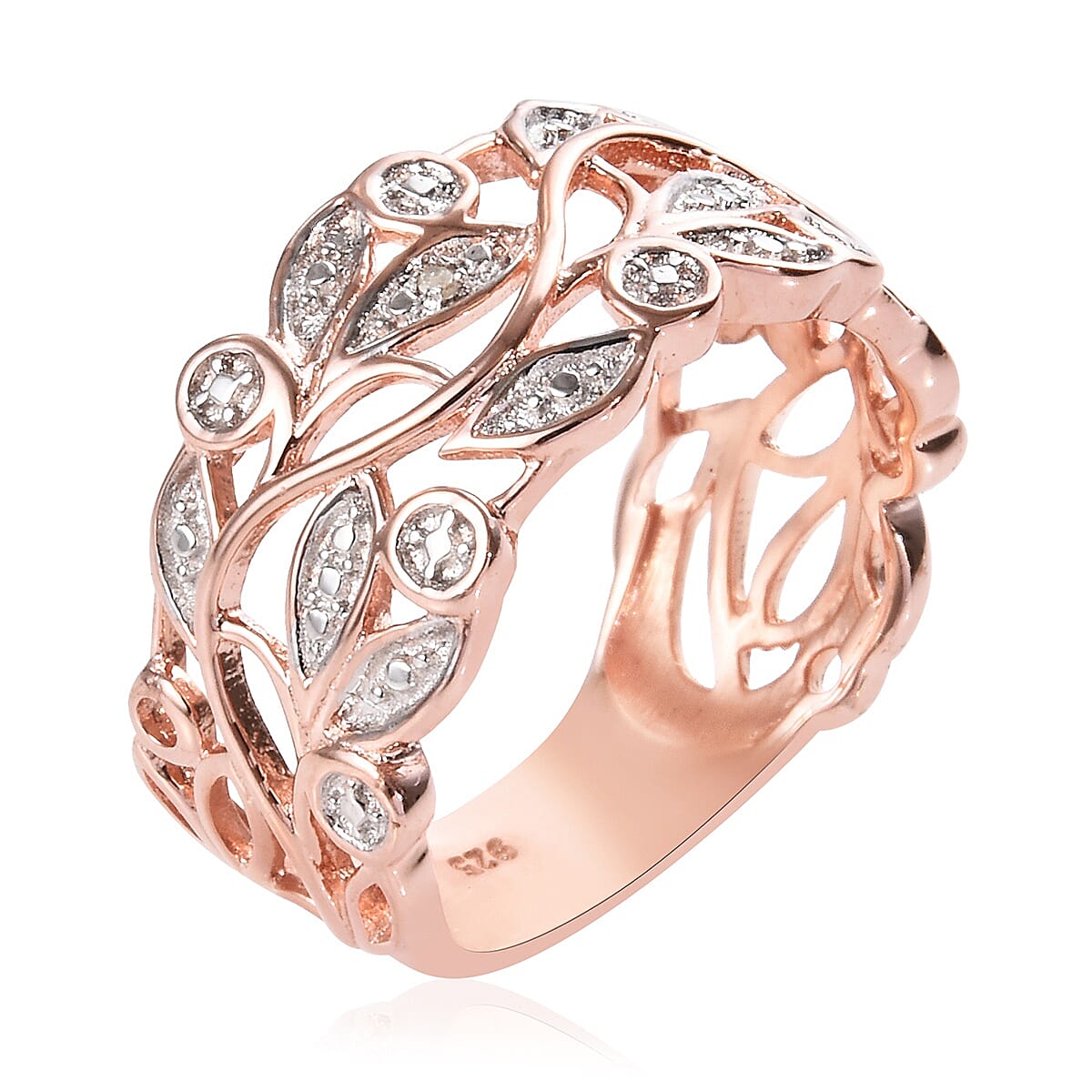Designer Inspired- Diamond (Rnd) Leaves Ring in Rose Gold Overlay Sterling Silver, Silver wt 3.63 Gms.
