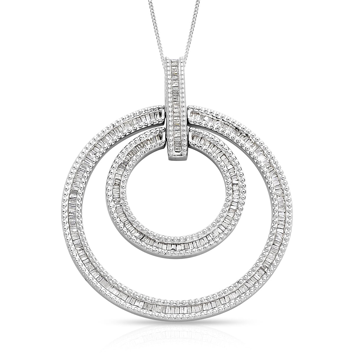 Diamond (Bgt) Circle Pendant with Chain (Size 18) in Platinum Overlay Sterling Silver 1.00 Ct, Silver wt 11.27 Gms.