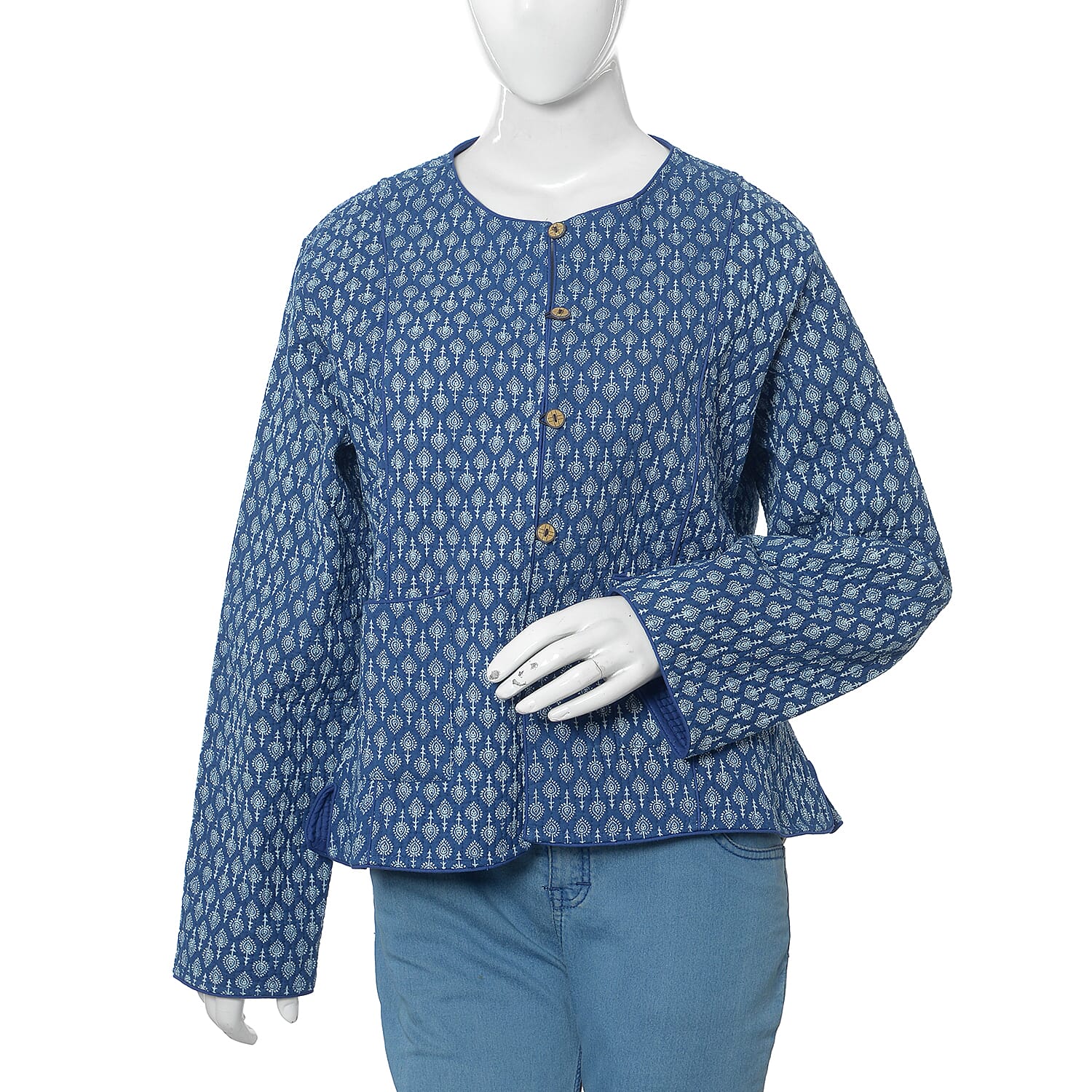 100% Cotton Blue Colour Hand Block Printed Reversible Quilted Jacket (Size 110.5x63.5 Cm, M/L)