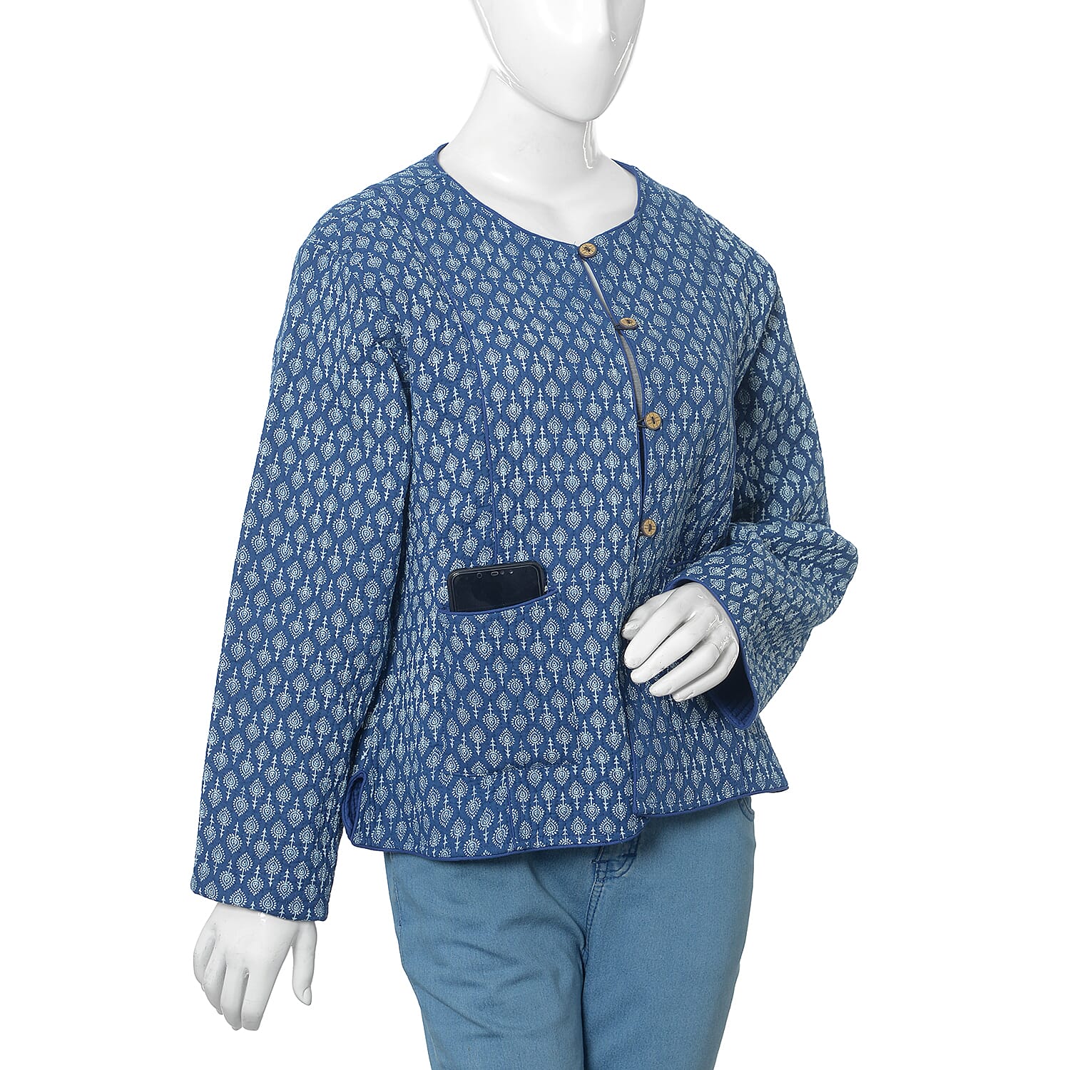 100% Cotton Blue Colour Hand Block Printed Reversible Quilted Jacket (Size 110.5x63.5 Cm, M/L)