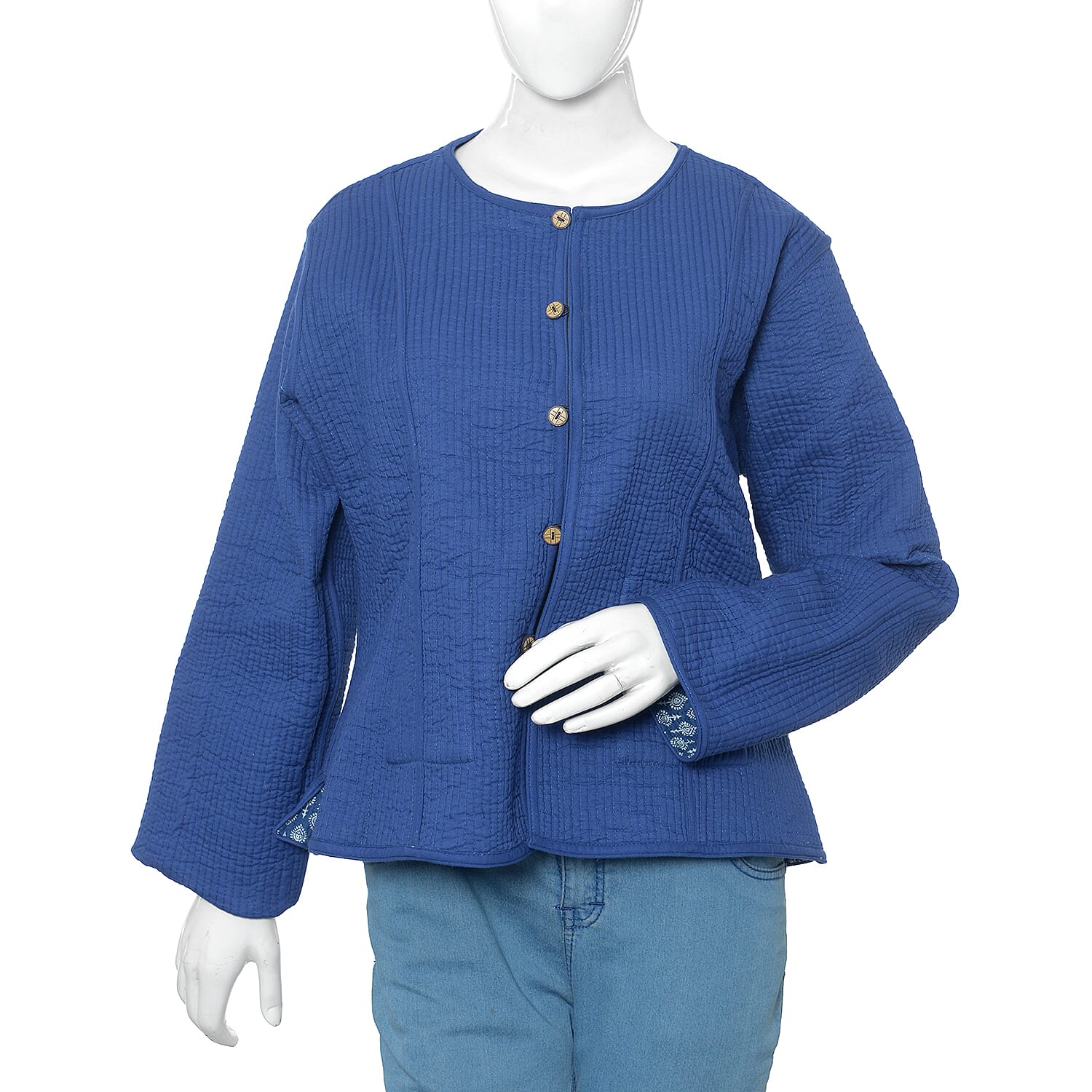 100% Cotton Blue Colour Hand Block Printed Reversible Quilted Jacket (Size 110.5x63.5 Cm, M/L)