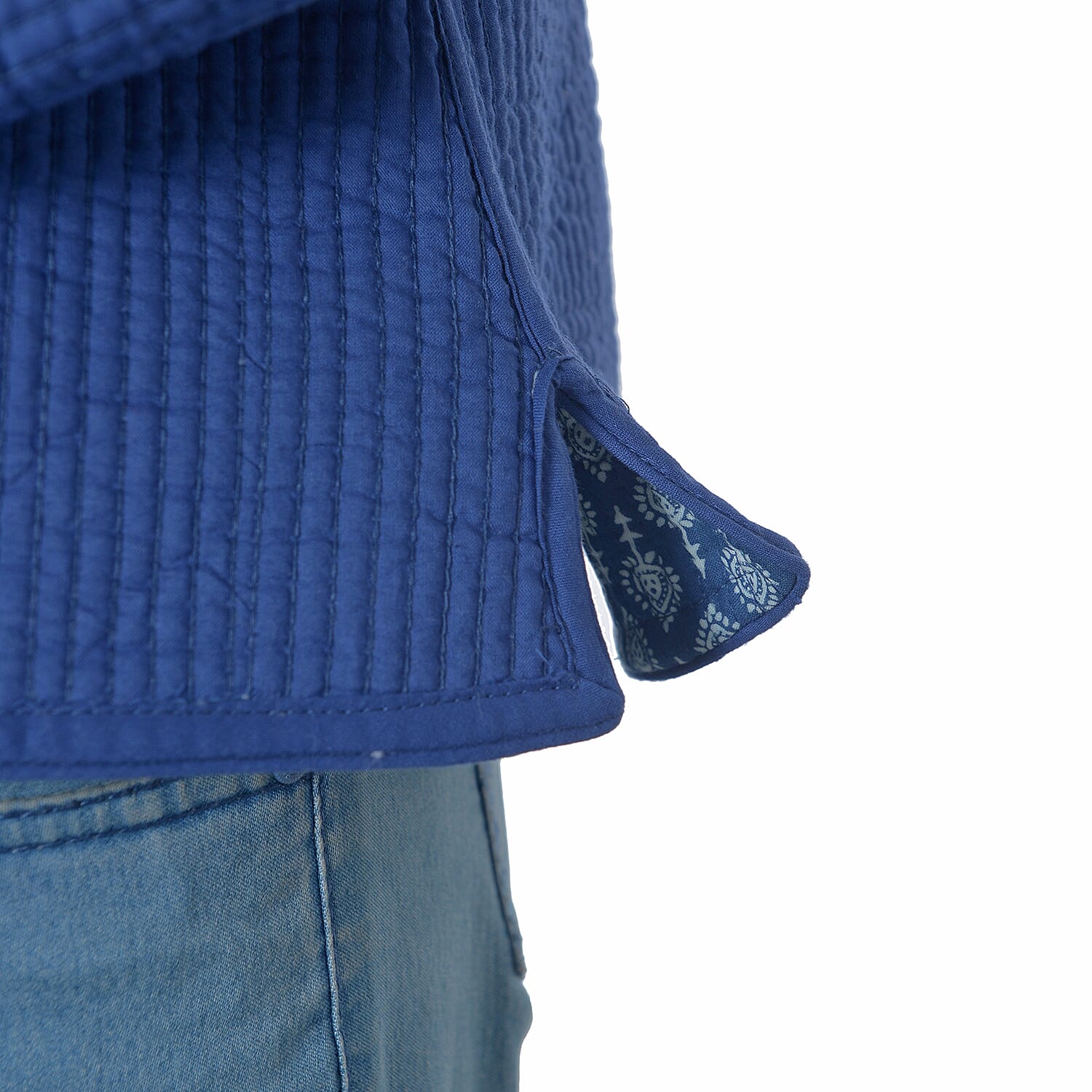 100% Cotton Blue Colour Hand Block Printed Reversible Quilted Jacket (Size 110.5x63.5 Cm, M/L)