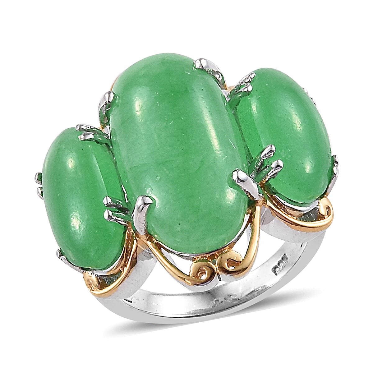 Green Jade (Ovl 20x10 mm) Ring in Platinum and Yellow Gold Overlay Sterling Silver 17.500 Ct, Silver wt 5.68 Gms