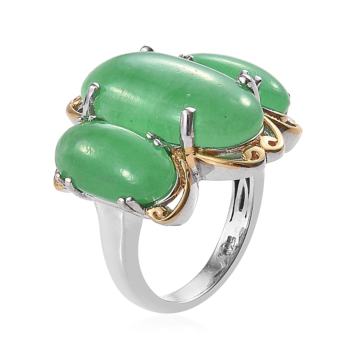 Green Jade (Ovl 20x10 mm) Ring in Platinum and Yellow Gold Overlay Sterling Silver 17.500 Ct, Silver wt 5.68 Gms