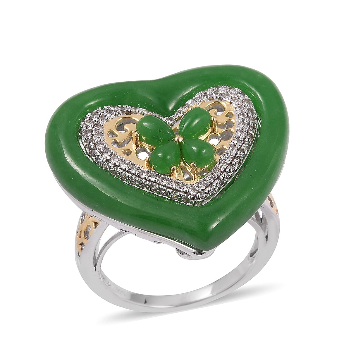Green Jade (Hrt), Natural Cambodian White Zircon Heart Ring in Rhodium and Gold Plating Sterling Silver 16.655 Ct, Silver wt 9.92 Gms.