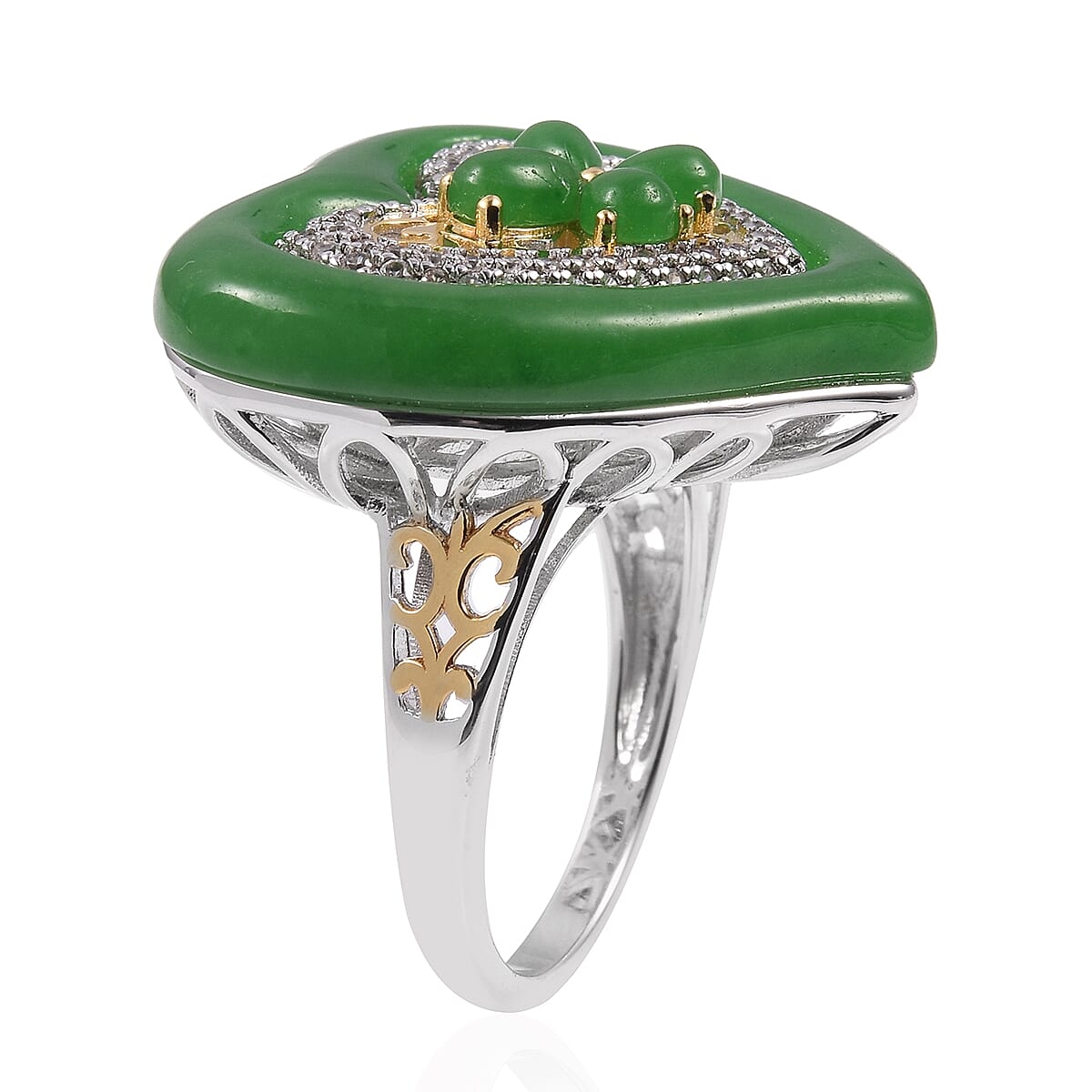 Green Jade (Hrt), Natural Cambodian White Zircon Heart Ring in Rhodium and Gold Plating Sterling Silver 16.655 Ct, Silver wt 9.92 Gms.