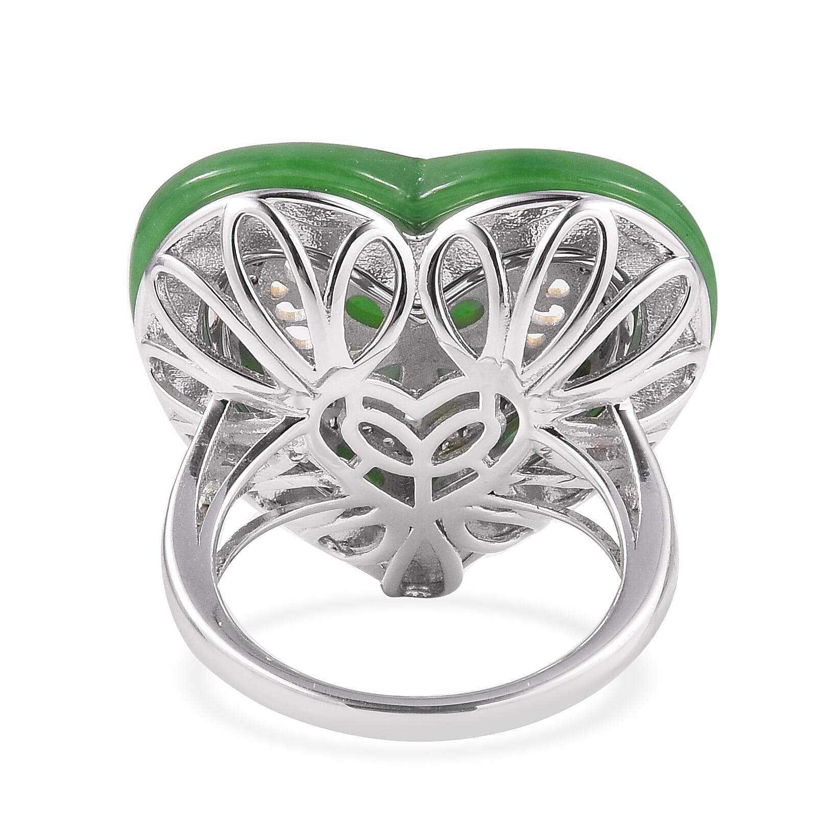 Green Jade (Hrt), Natural Cambodian White Zircon Heart Ring in Rhodium and Gold Plating Sterling Silver 16.655 Ct, Silver wt 9.92 Gms.