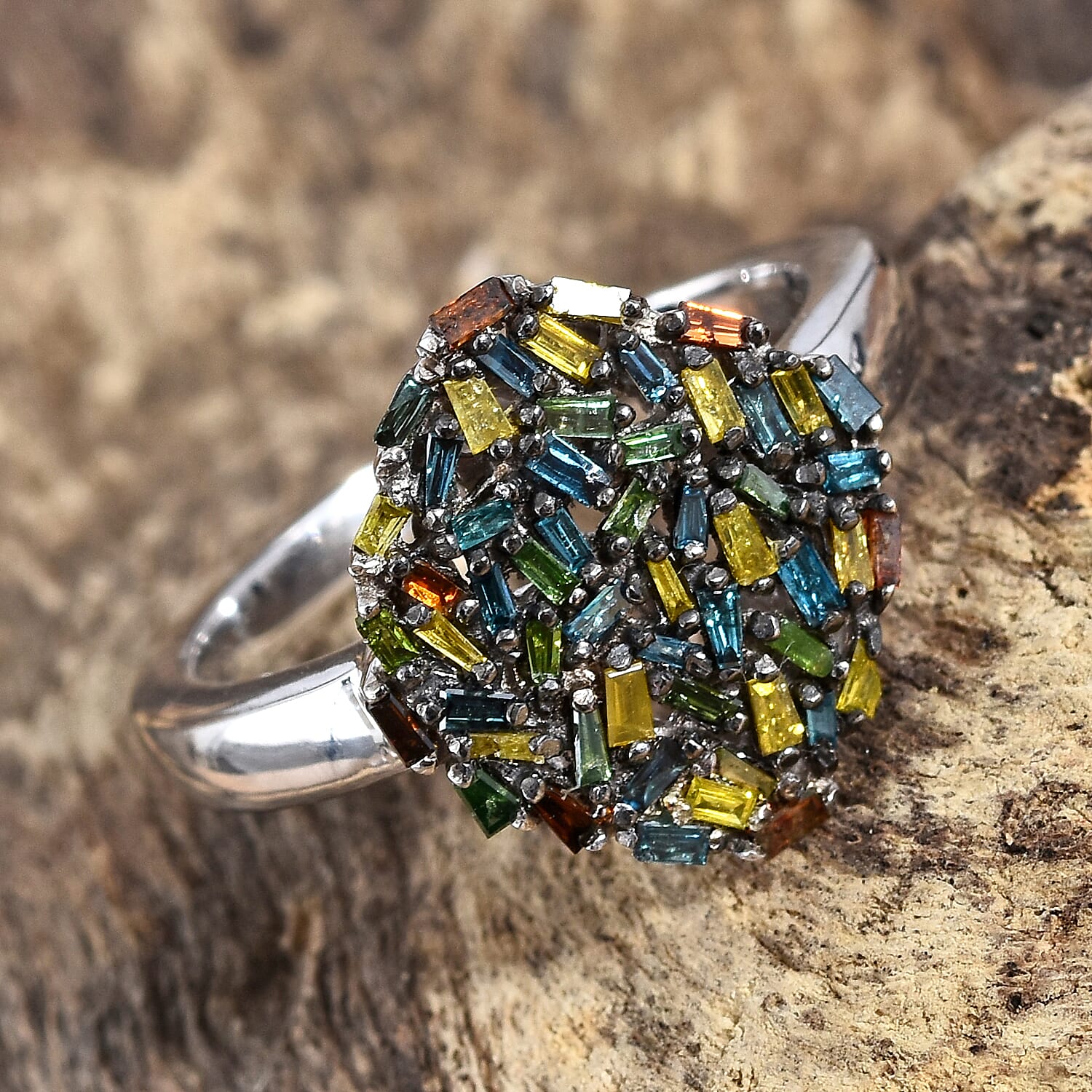 GP Rainbow Colour Diamond (Bgt), Kanchanaburi Blue Sapphire Ring in Black and Platinum Overlay Sterling Silver 0.520 Ct.