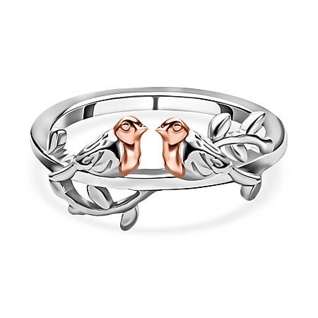 Platinum Overlay and 18K Vermeil Rose Gold Plated Sterling Silver Couple Bird Ring