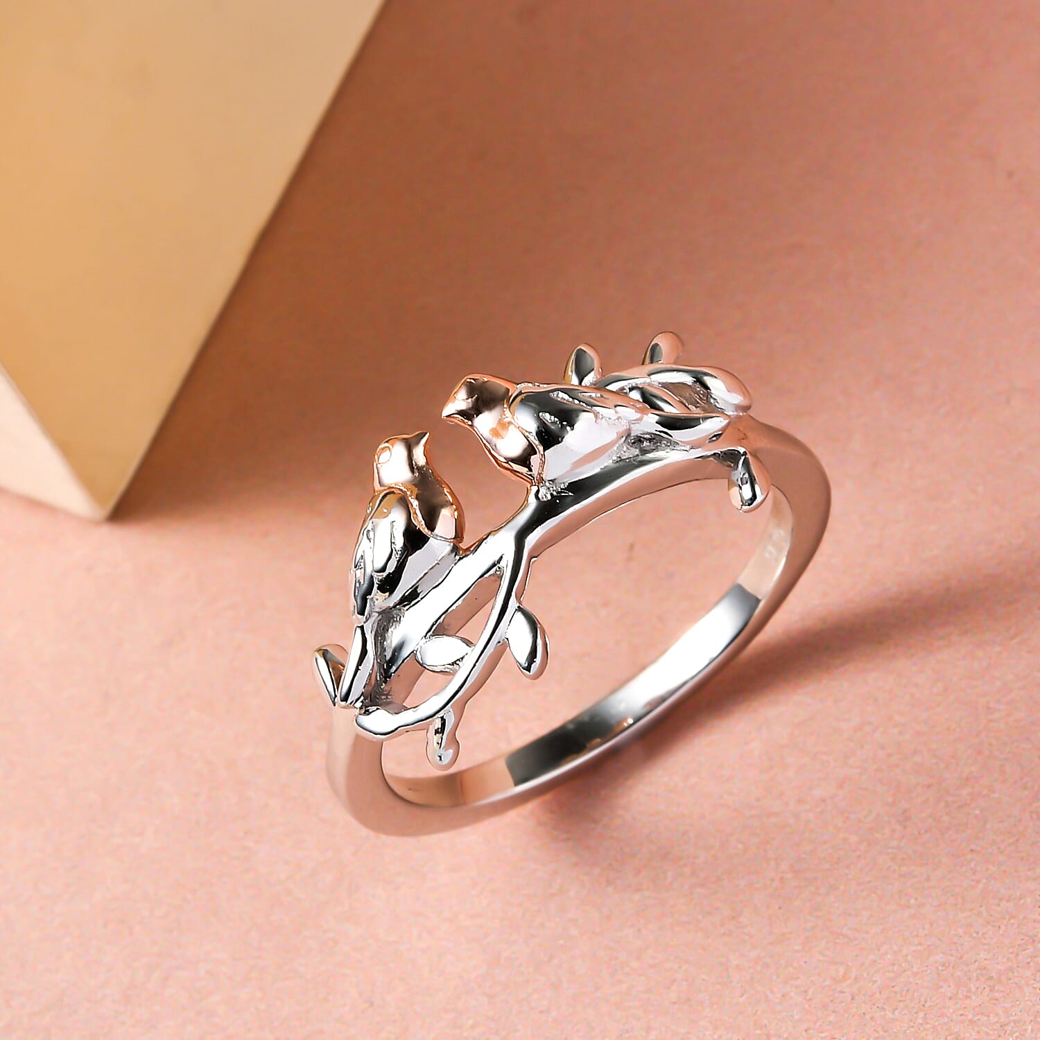 Couple Bird Ring in Platinum Overlay & 18K Vermeil Rose Gold Plated Sterling Silver Couple Bird Ring in Platinum Overlay & 18K Vermeil Rose Gold Plated Sterling Silver
