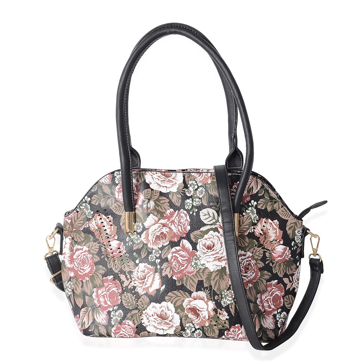 Black and Multi Colour Floral Pattern Tote Bag with Removable Shoulder Strap (Size 36x31x25x14 Cm)