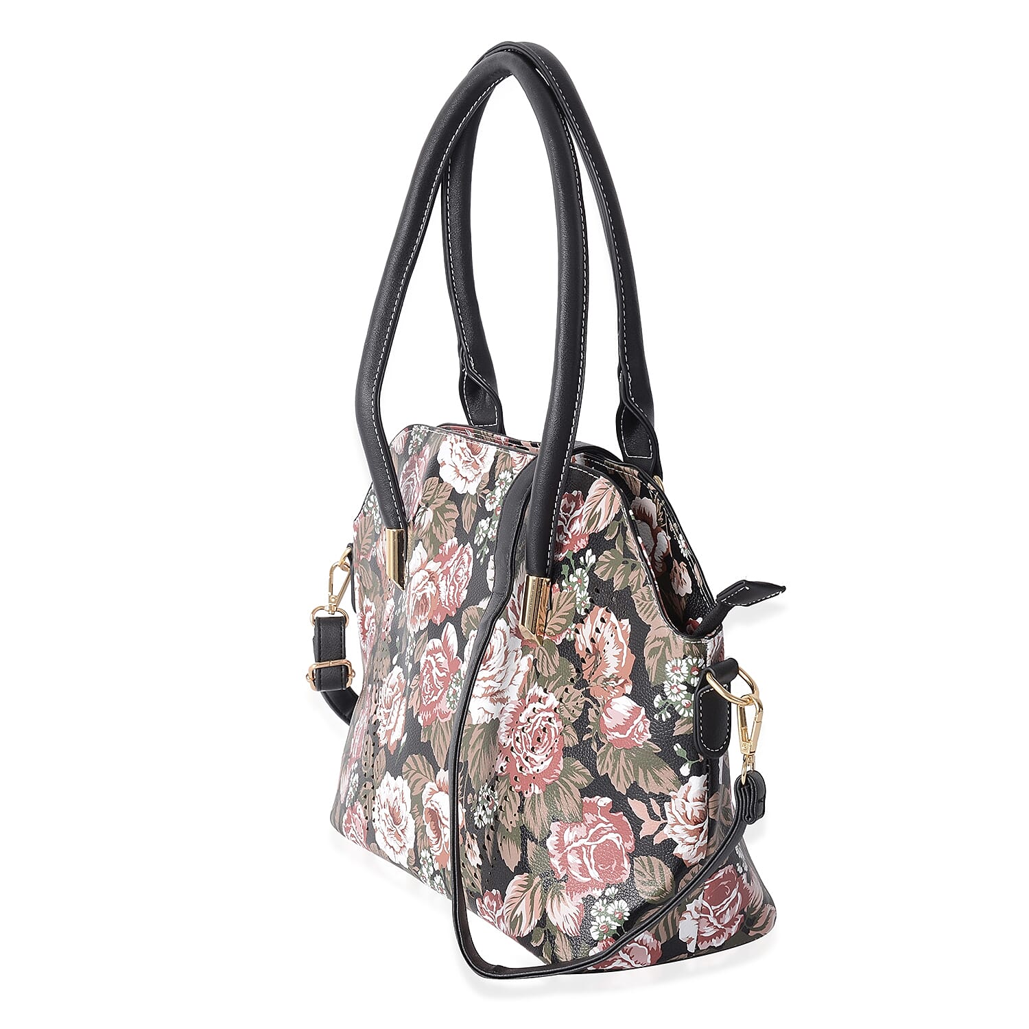 Black and Multi Colour Floral Pattern Tote Bag with Removable Shoulder Strap (Size 36x31x25x14 Cm)
