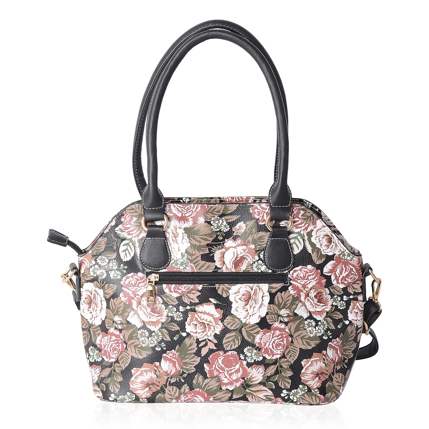 Black and Multi Colour Floral Pattern Tote Bag with Removable Shoulder Strap (Size 36x31x25x14 Cm)